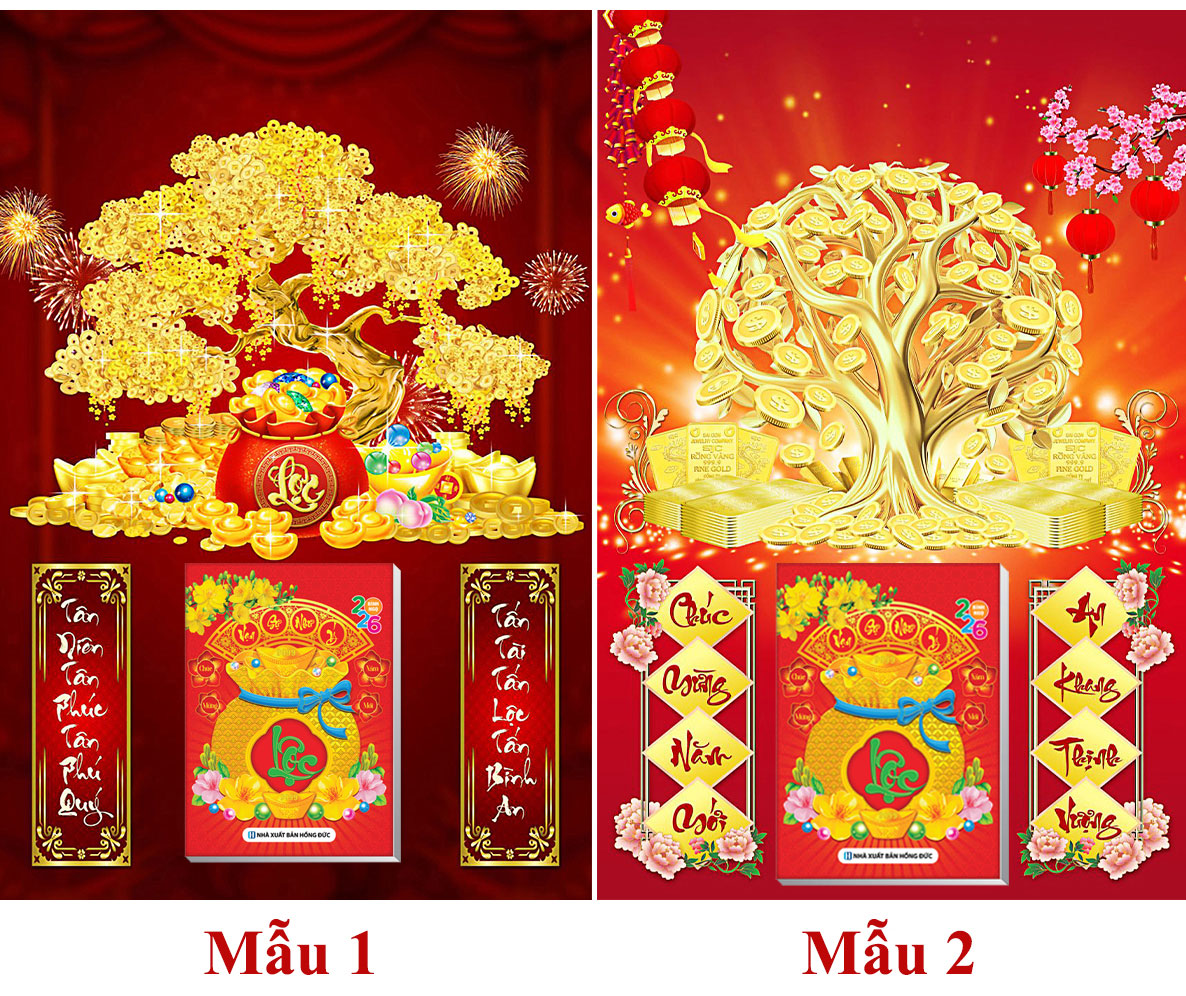 2 Cây Mẫu Phát Tài Phát Lộc - Lịch Treo Tường Laminate Tráng Gương 2026 (40x60 cm)